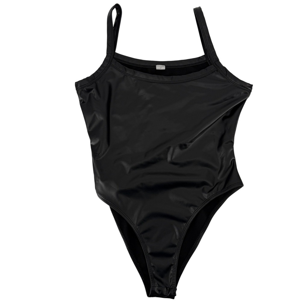 Women Black Faux Leather Square Neck High Cut Bodysuit MedTank‎ Top